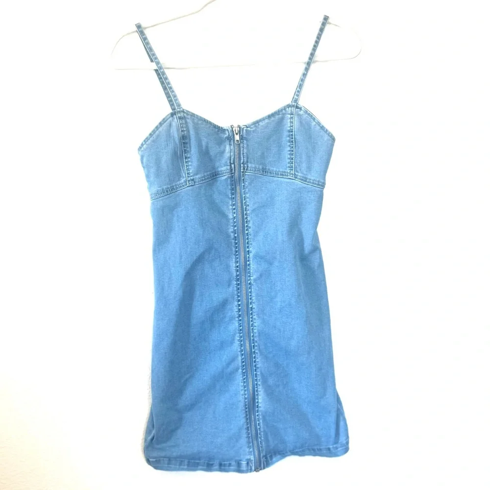 Forever 21 Zip Front Denim Mini Dress Body Con Cotton Stretch S - Picture 3 of 11